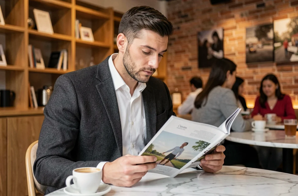 Homme moderne élégant lisant un magazine lifestyle dans un café urbain raffiné