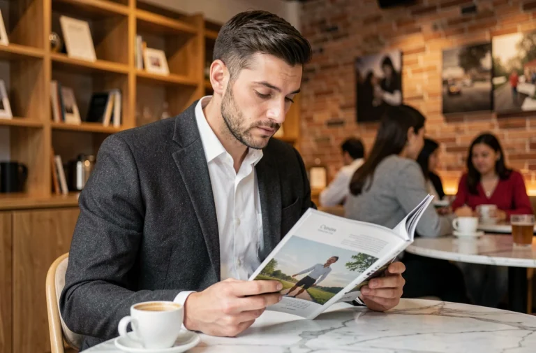 Homme moderne élégant lisant un magazine lifestyle dans un café urbain raffiné