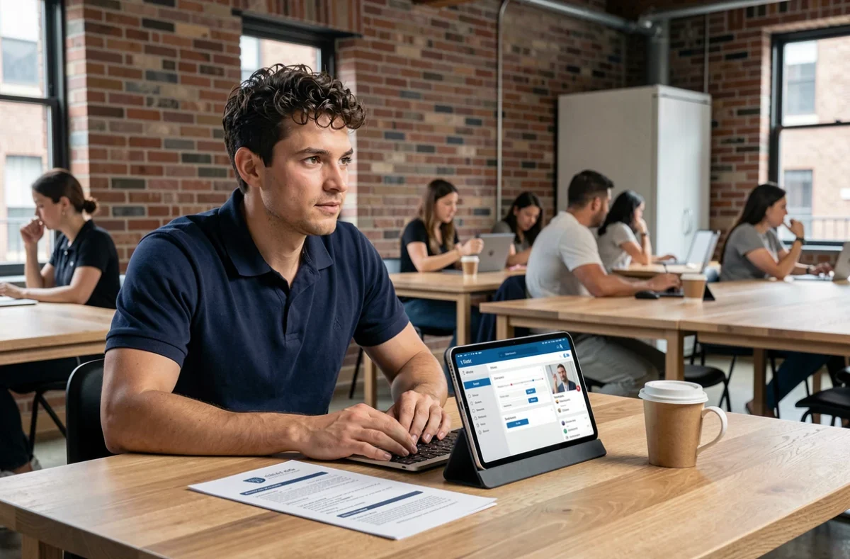 Homme consultant des offres d'emploi adaptées à son profil sur une tablette dans un espace de coworking