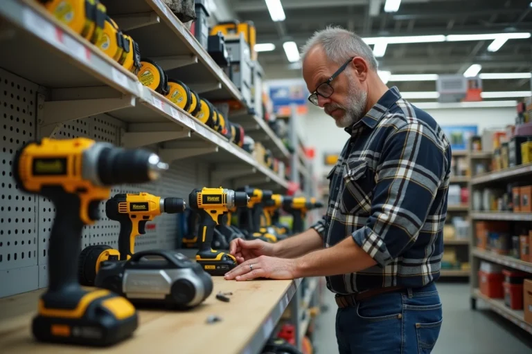 Homme d'âge moyen examinant des outils dans un magasin de bricolage