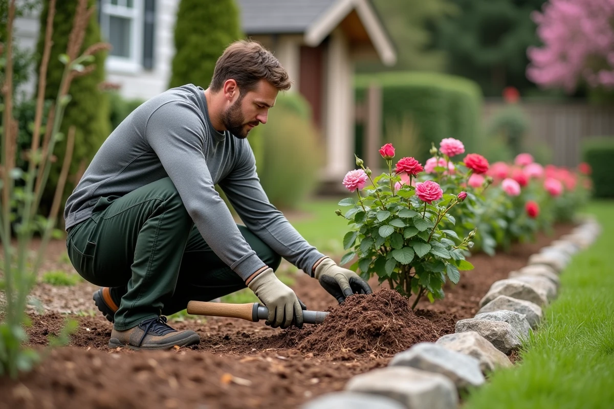 Homme en train d'épandre du paillis brun autour de rosiers et de plantes vivaces le long d'une bordure fleurie en pierre dans un jardin résidentiel soigné au printemps.