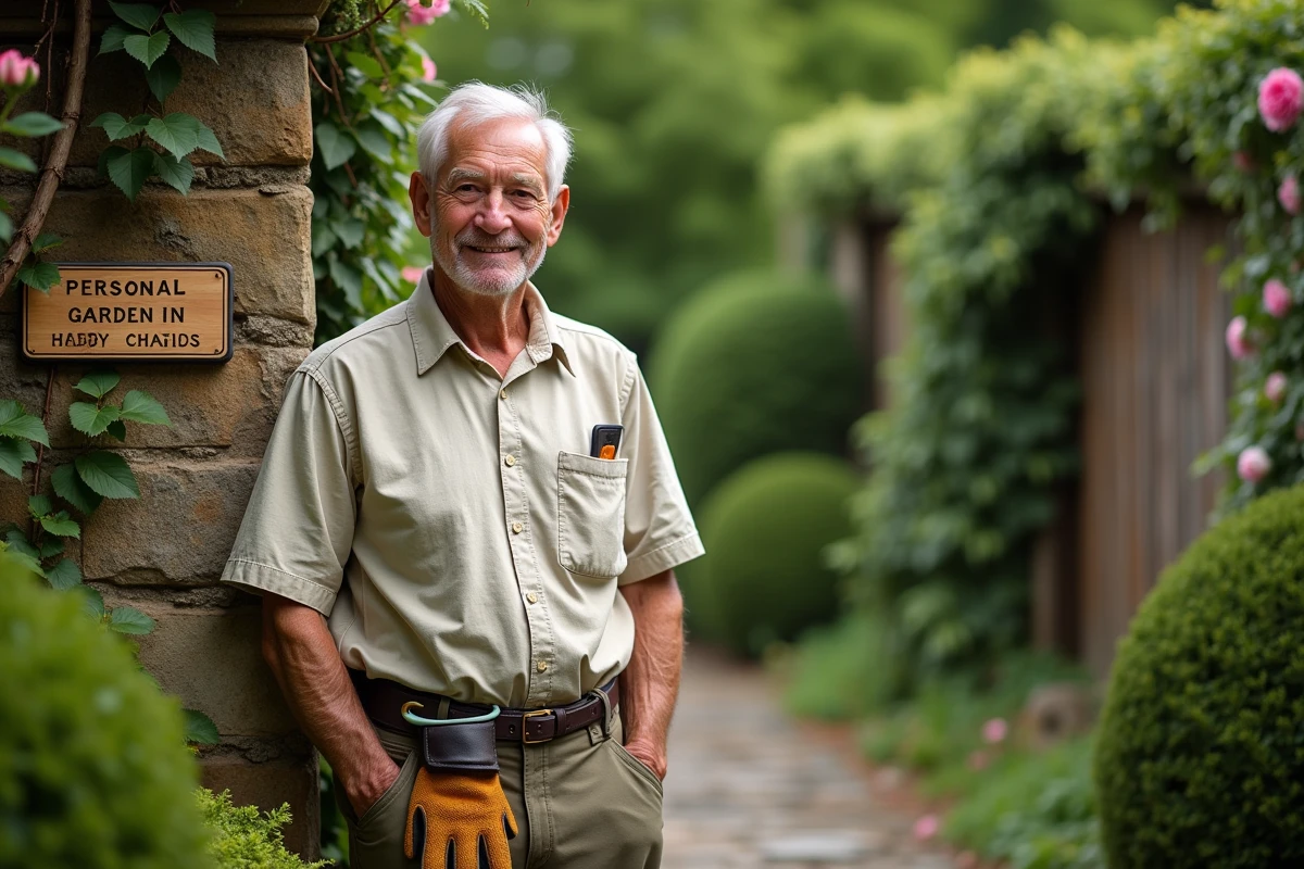 Homme âgé devant le panneau d'entrée personnalisé de son petit jardin fleuri de style champêtre