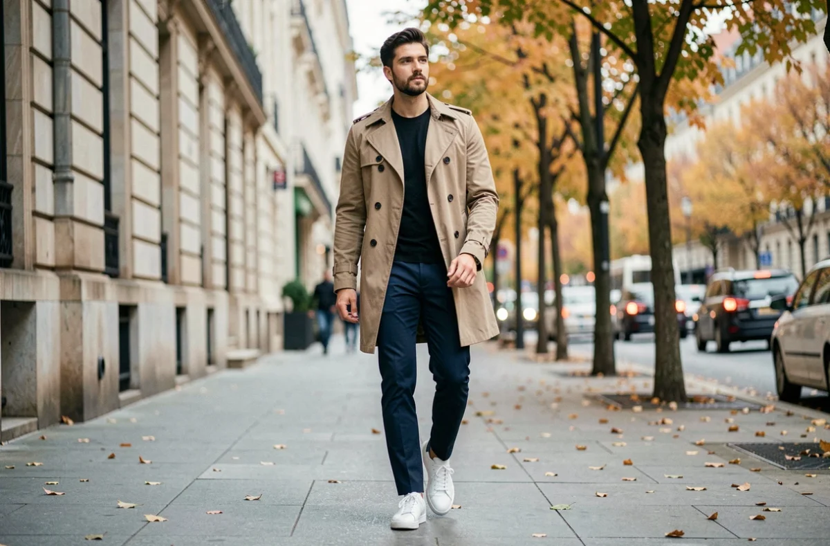 Homme tendance en trench coat marchant dans une rue urbaine en automne