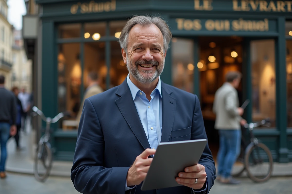 Homme d age dans une rue commerçante française
