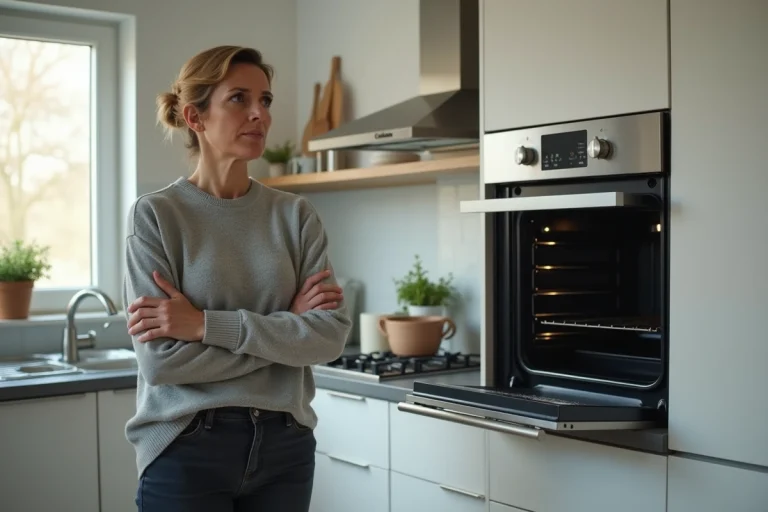 Locataire inquiète devant un four en panne dans une cuisine d'appartement en location