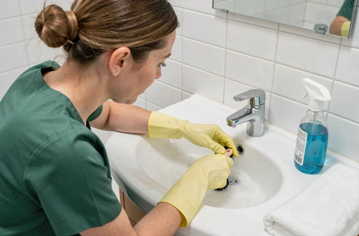 Femme avec des gants en caoutchouc nettoyant un lavabo de salle de bain avec une brosse et des produits ménagers