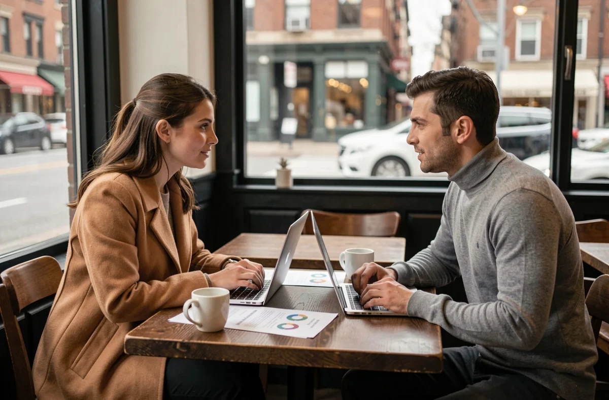 Deux professionnels en réunion commerciale informelle dans un café urbain autour d'un pitch structuré