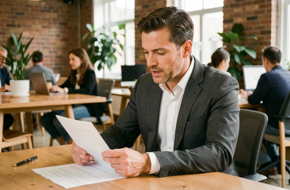 Homme d'affaires préparant son pitch commercial avec des notes manuscrites dans un espace de coworking