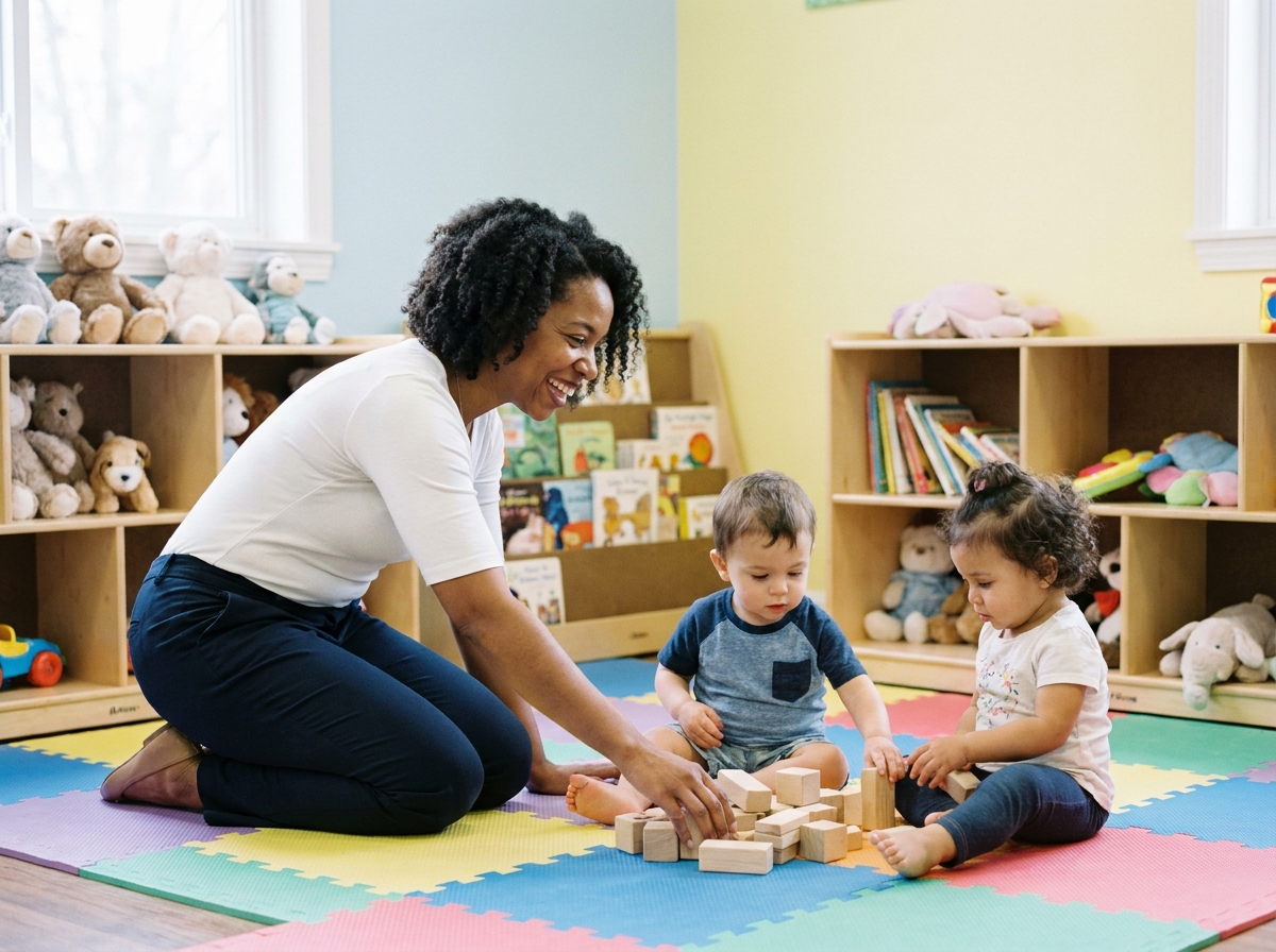Femme en reconversion accompagnant des enfants en bas âge dans une crèche