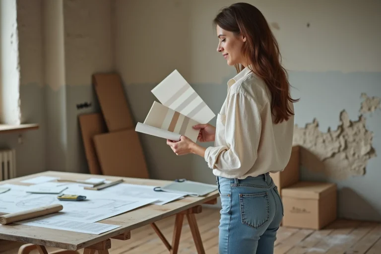 Femme comparant des échantillons de tissu et de peinture dans un salon en cours de rénovation