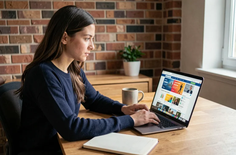 Jeune femme consultant les dernières tendances web sur son ordinateur portable dans un bureau moderne à domicile