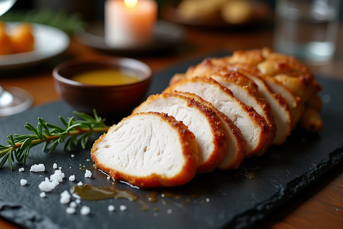 Tranches de blanc de chapon rôti découpées sur une planche en ardoise avec un ramequin de jus de cuisson et romarin