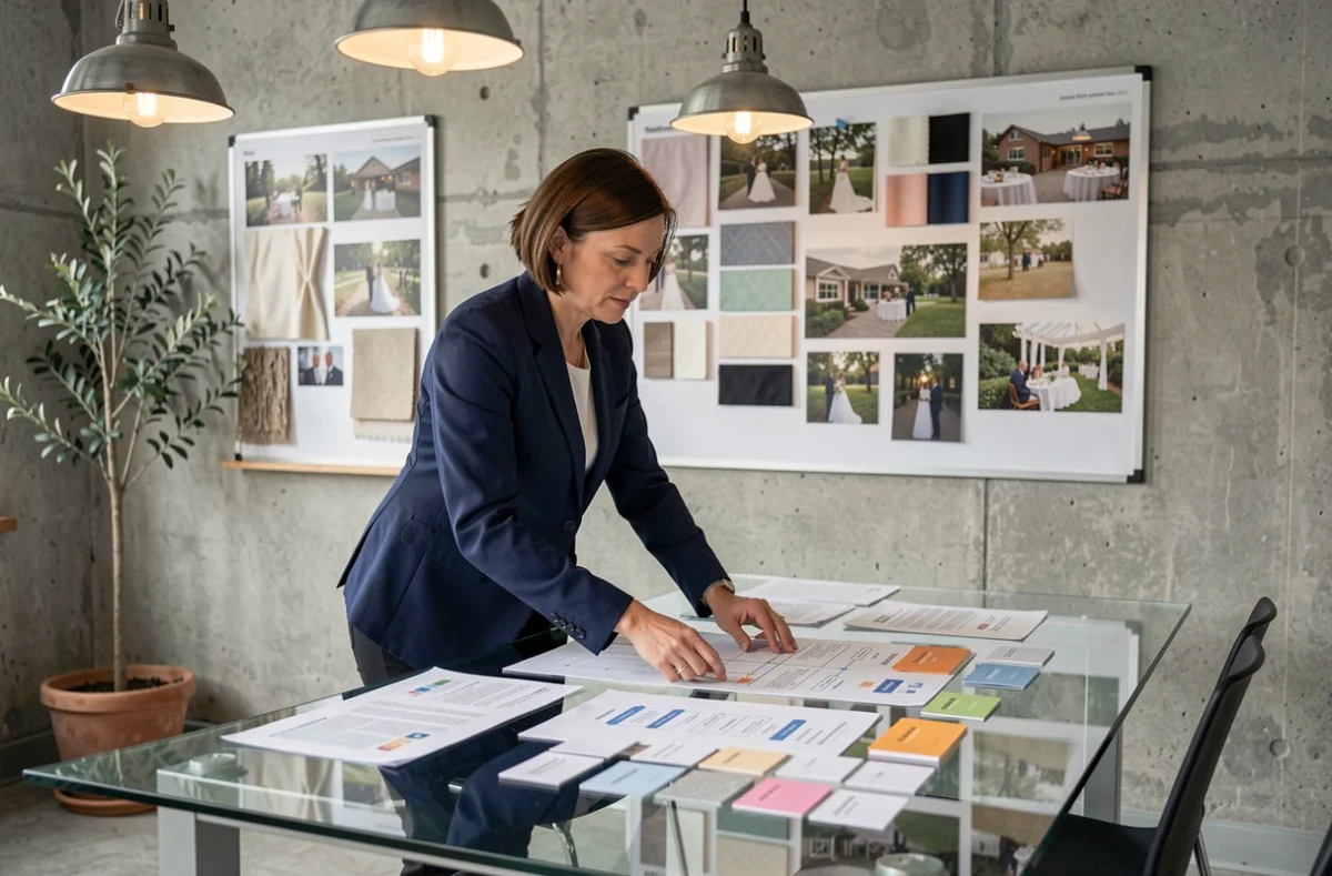 Wedding planner professionnelle organisant les sections d'un plan de site mariage dans un studio moderne